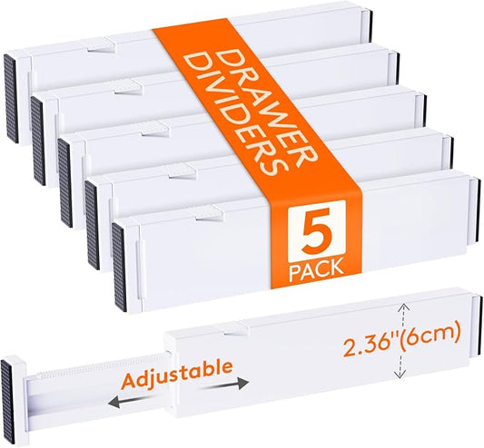 Lifewit 2.36" Upgrade Kitchen Drawer Dividers, Adjustable Drawer Organizer | 11"-17" Expandable White Drawer Separator for Clothes/Utensils, Dresser/Cabinet/Closet/Nursery Organization & Storage, 5 Pack by Lifewit