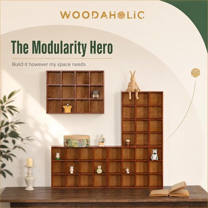 48-Compartment Wood Trinket Shelf, 4-Pack Stackable Cubby Curio Cabinet, Wall Mounted or Freestanding Display Shelf for Figurines, Miniatures, Shot Glasses, Knick Knacks & Small Collectibles - Image 3