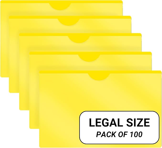 Doctor Stuff- 100 Pack, Vinyl Plastic Pocket File Folders Closed Sides, Legal Size, Clear Front Top Loading Job Jacket, Documents Holder for Office, High School and Medical Files, Yellow by DoctorStuff