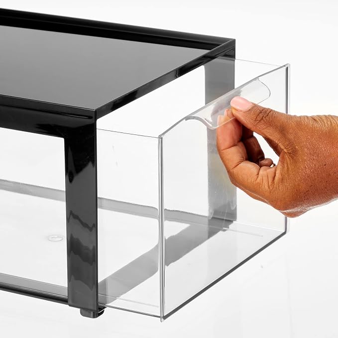 mDesign Plastic Desk Organizer and Storage Bin w/Pull Out Drawer - Stackable Office Storage Container for Office Supplies - Desktop Drawer Organizer - Lumiere Collection - 4 Pack - Black/Clear - Image 6