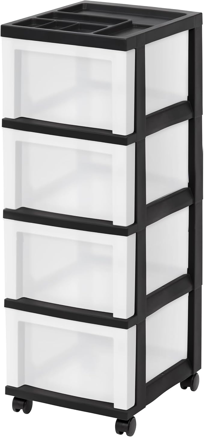 4-Drawer Narrow Plastic Storage Cart, with A Top Storage Compartment, Multi-functional Mobile Storage Cabinet, Suitable for Offices, Dormitories, and Craft Rooms. (Black) by Unknown