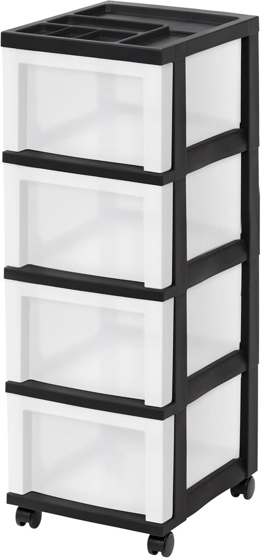 4-Drawer Narrow Plastic Storage Cart, with A Top Storage Compartment, Multi-functional Mobile Storage Cabinet, Suitable for Offices, Dormitories, and Craft Rooms. (Black) by Unknown