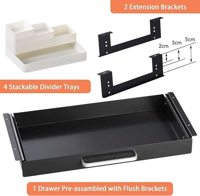Under Desk Drawer 21" with 4 Divider Trays, Storage Drawer Organizer | Black, Under Counter, Desk Accessory, Attachable for Workbench, Adjustable Brackets, for Desk Lip with Crossbar, Clamp Mount - Image 3