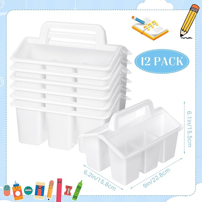 WILLBOND 12 Pcs Classroom Storage Caddies Stackable Utility Caddies with 4 Compartment Plastic Caddy with Handle Portable Storage Bins Organizers for Kids Schools Art Craft Supplies(White) - Image 3