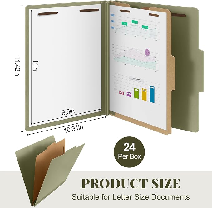 AmazingSpark 24 Pcs Classification Folder Letter Size Bulk 1 Divider Pressboard File Folder with Expansion 2 Prong Fastener Heavy Duty Office File Organizer for School Medical Document(Hunter Green) - Image 2