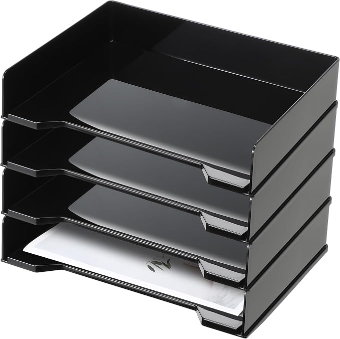 DoubleFill 4 Pcs Stackable Letter Tray Rectangular Plastic Desk Organizer 13 x 9.5 x 2.6 in Paper Holder File Tray Accessories Rack for Desktop Office Desk Drawers (Black) by DoubleFill