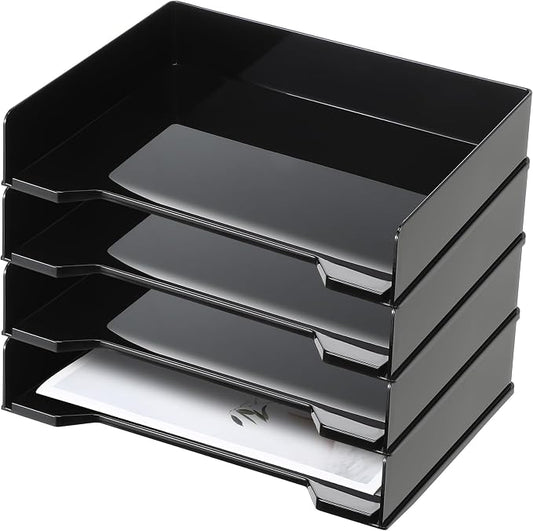 DoubleFill 4 Pcs Stackable Letter Tray Rectangular Plastic Desk Organizer 13 x 9.5 x 2.6 in Paper Holder File Tray Accessories Rack for Desktop Office Desk Drawers (Black) by DoubleFill