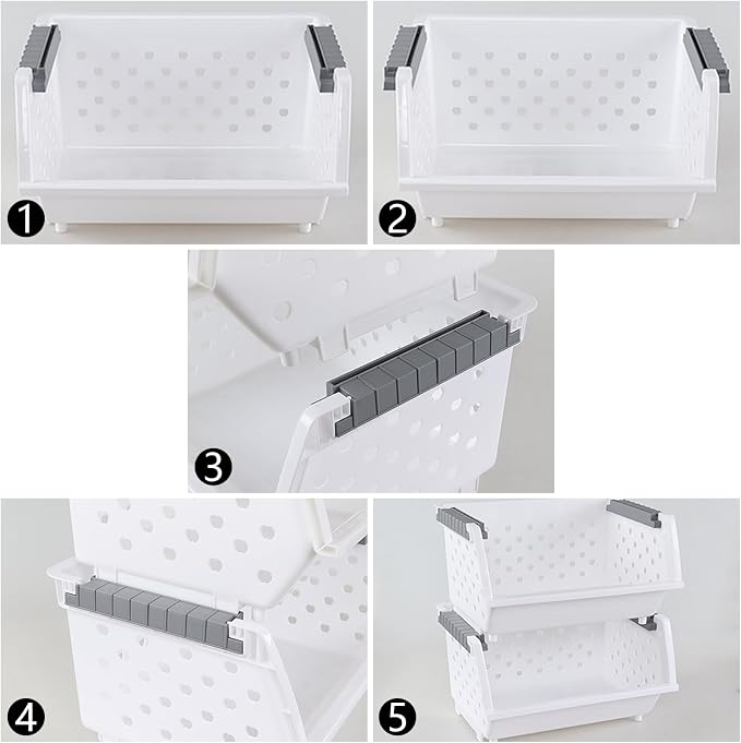 Set of 4 Plastic Stackable Storage Baskets | Stackable Organizer Bins for Kitchen, Pantry and Bathroom, White - Image 7