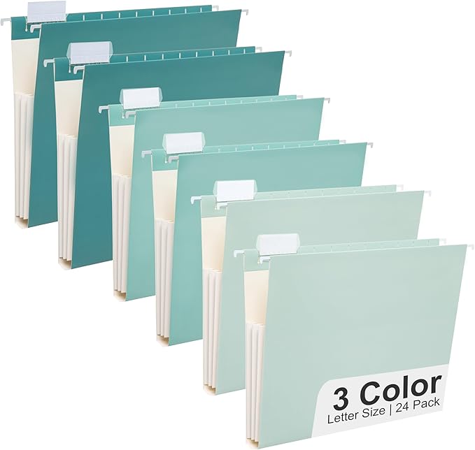 Y YOMA Letter Size - 24 Pack Extra Capacity Hanging File Folders Accordion Decorative Reinforced File Folder Cute Colored Expandable Folder for Office Home with 1/5-Cut Adjustable Tabs, Teal Blue by YYOMA