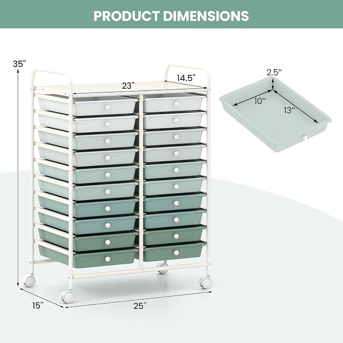 Giantex 20 Drawers Rolling Cart, Mobile Storage Drawer Cart, Classroom Organizer Cart for Office School Supplies Tools Scrapbook Paper Craft Small Printer, Utility Cart on Wheels, Green Gradient - Image 3