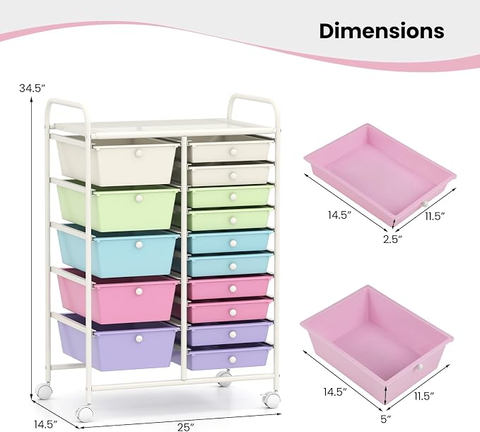 DORTALA 15-Drawer Rolling Storage Cart with Drawers, Rolling Utility Cart w/Removable Drawers & Universal Wheels, Tools Scrapbook Paper Organizer for School, Office, Home, Classroom (Ice Cream) - Image 3