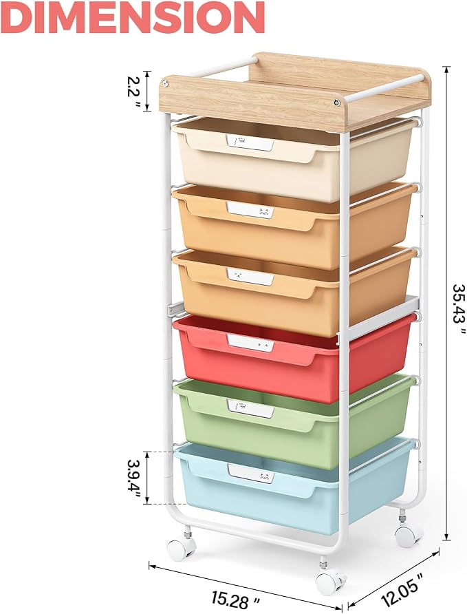 Utility Cart with 6 Drawers, Art Cart for Teacher Kid, Rainbow | Rolling Storage Cart for Crafters Artists Student Storage Arts Crafts & Study Supplies in Craft Room Dorm Classroom Kids Room - Image 3