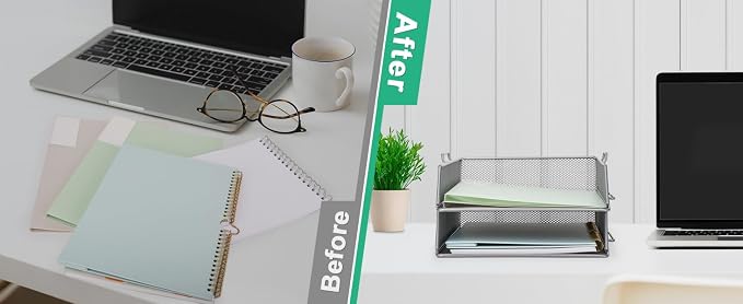 EXERZ Paper Sorter 2pcs Tier Stackable A4 Desk Organiser Letter Tray Silver | Durable Metal Mesh Holds Papers Files Folders Notebooks And Magazines For Office Home Study Classroom Desks - Image 5