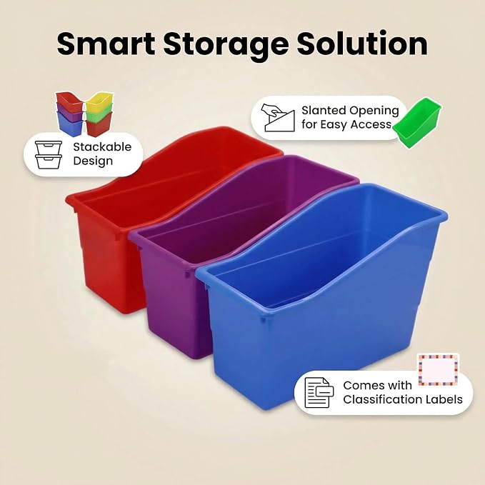 12 Pack Plastic Book Bins Magazine Holders, Rainbow | Durable Plastic Binder Organizers & Vertical Desktop Storage Containers for Office Supplies, School & Home Organization - Image 4