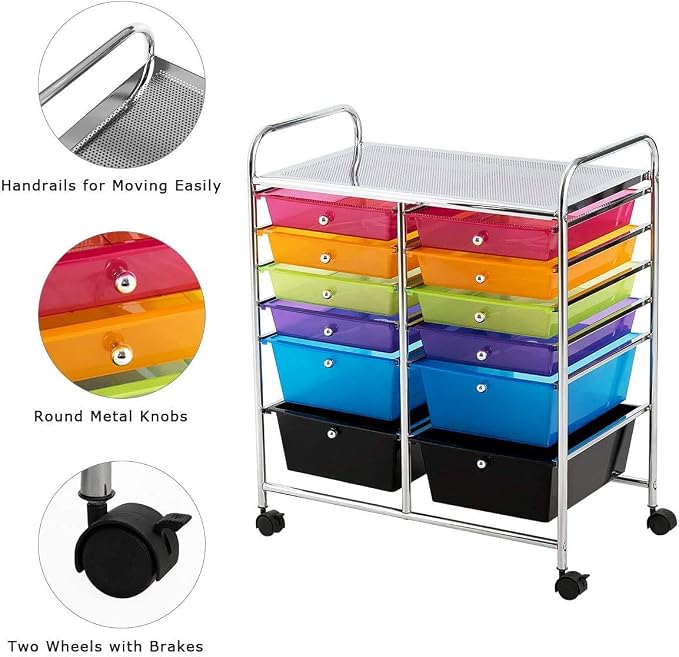Moccha 12-Drawer Rolling Storage Cart - Under Desk Storage Drawers with wheels for Craft Art Supply Paper Salon, Scrapbook Paper Tools, Mobile Utility Cart for Classroom, Colorful - Image 6