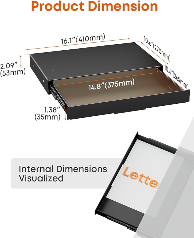 PUTORSEN Under Desk Storage Drawer 14.8" Wide - Smooth Slide Out Organizer for Standing Desk & Home Office, Max Load 17.6 lbs, Quiet Glide, Black - Image 3
