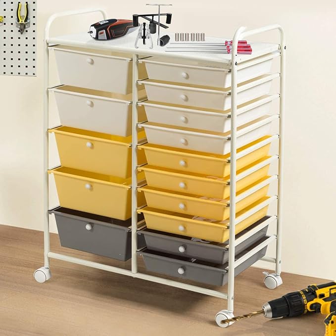 COSTWAY 15 Drawer Rolling Storage Cart, Mobile Utility Cart with Lockable Wheels, Drawers, Multipurpose Organizer Cart for Home, Office, School, Yellow - Image 2