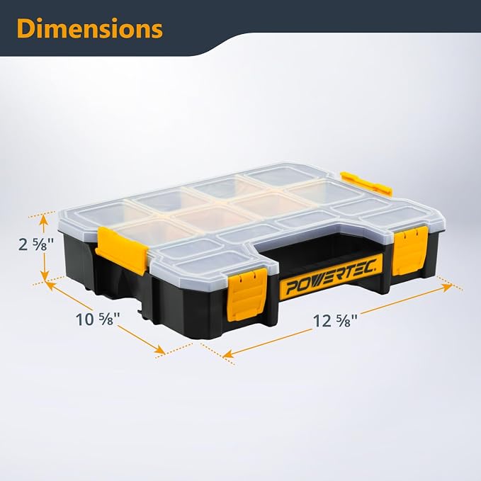 POWERTEC Small Parts Organizer & Tool Box – 14 Compartments, Stackable Storage with Interlocking Latch, Removable Dividers, Clear Lid, Portable Design (72364) - Image 2