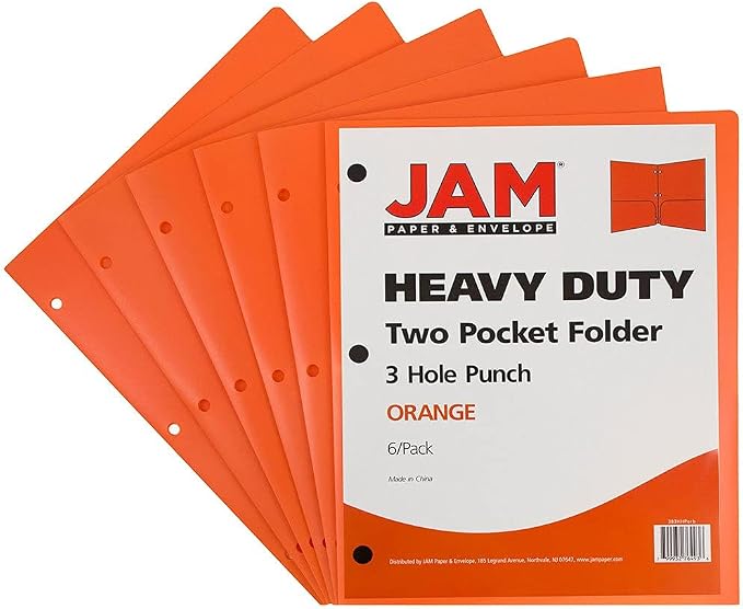 JAM PAPER Heavy Duty Plastic 3 Hole Punch Pocket Folders - Extra Tough School Folders - Orange - 6/Pack - Image 2