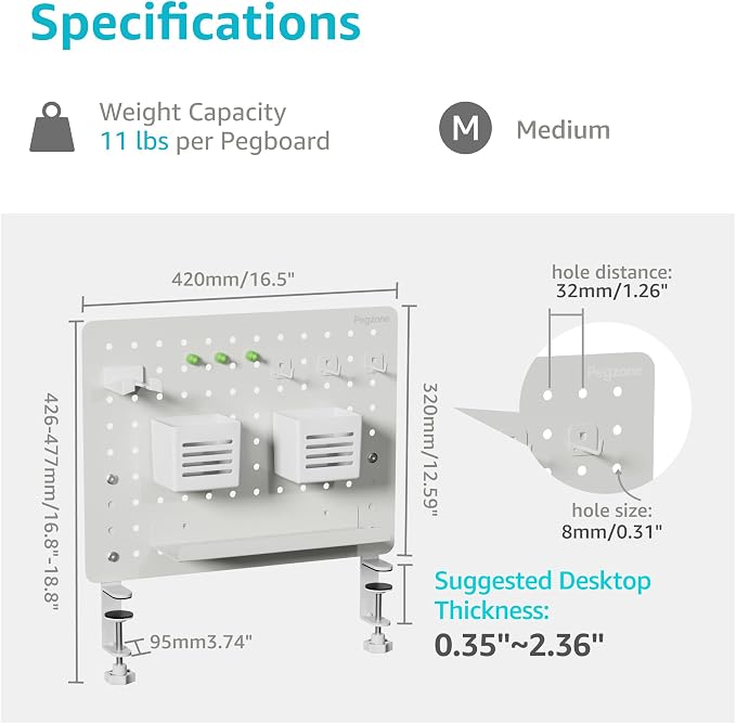Clamp on Desk Pegboard, 16.5" x 12.6", with 10 Accessories, White | Magnetic Metal Peg Board, Desk Organizer for Office Gaming Home, Privacy Panel, Medium - Image 6