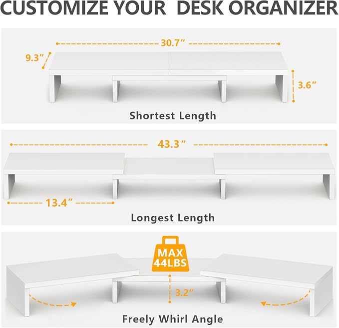 TAVR Dual Monitor Stand Riser, Wooden Computer Monitor Stand for 2 Monitors | Extra Long Multifunctional Desktop Organizer Riser for TV, PC Monitor, Laptop, Printer, Max 43.3" Length, White - Image 3