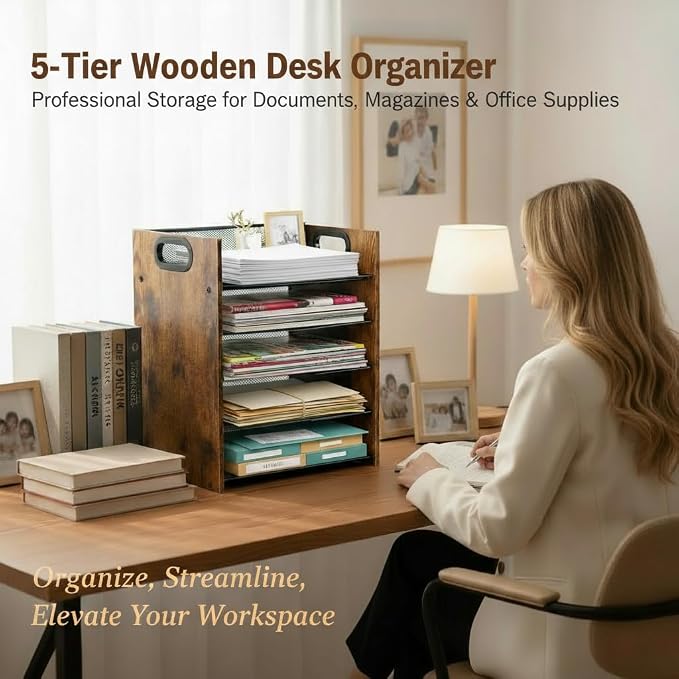 Desk Organizer - 5-Tier Desktop File Organizer, Wooden Paper Tray Organizer, Office Desk Organzier and Accessories for Papers, Mail, Notebooks, Stationery - Image 4