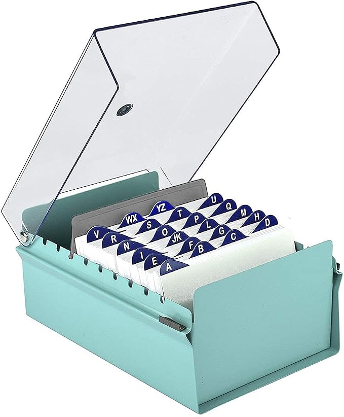 Acrimet 4 x 6 Card File Holder Organizer Box Metal Base Heavy Duty (AZ Index Cards and Divider Included) (Green Color with Clear Crystal Plastic Lid Cover) | With A-Z Index & Non-Slip by Organizingyourlife