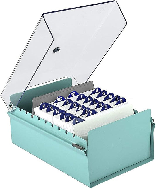 Acrimet 4 x 6 Card File Holder Organizer Box Metal Base Heavy Duty (AZ Index Cards and Divider Included) (Green Color with Clear Crystal Plastic Lid Cover) | With A-Z Index & Non-Slip by Organizingyourlife