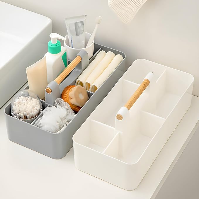 EZOWare Set of 3 Plastic Stackable Caddy Tote Set, Large Storage Organizer Bins with 5 Compartment Divider and Handle for Makeup, Vanity, Bathroom, Office Supplies, Crafts, Nursery - 3 Colors - Image 3