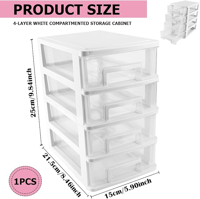 4 Tier Plastic Drawer Type Closet,Portable Storage Cabinet Sundries Storage Cosmetics Jewelry Storage Box for Home Office（White） - Image 2