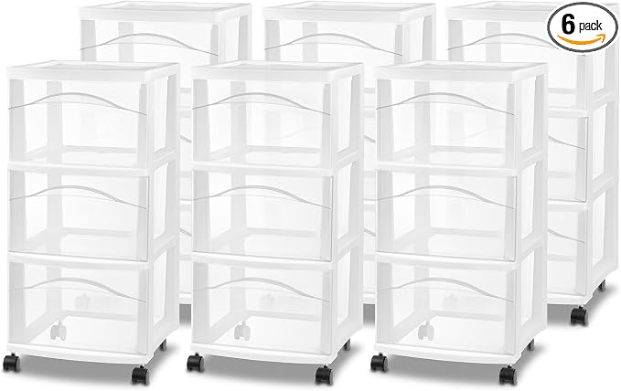Sterilite 6 Pack 3 Drawer Storage Cart, Plastic Medium Organizer with Wheels, White - Multipurpose Bin for Crafts, Accessories, or Office Supplies by Sterilite