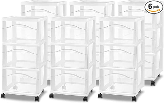 Sterilite 6 Pack 3 Drawer Storage Cart, Plastic Medium Organizer with Wheels, White - Multipurpose Bin for Crafts, Accessories, or Office Supplies by Sterilite