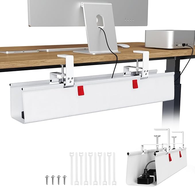 KEEGH No Drill Under Desk Cable Management Tray - 28" Cord Management Under Desk - Clamp/Screw Mount - Support Upto 70lbs - Fabric Wire Management - Gaming/PC Cable Raceways for Office/Home, White
