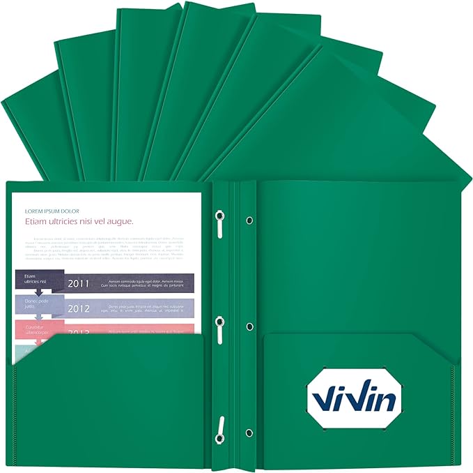 ViVin Sturdy 12-Pack Plastic Folders, Folder with Pockets and Prongs, 2 Pocket Poly File, Plastic Folders with 3-Prong Fasteners, fits 8.5 * 11 Letter Size Paper, for School/Home/Office Use (Green) by ViVin