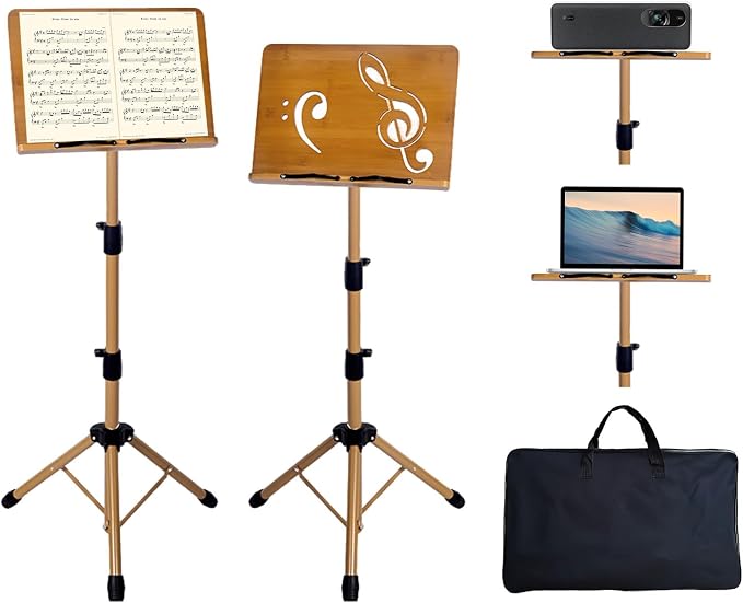 Portable Music Stand - Folding Music & Book Stand with Carrying Bag, Adjustable Height Wooden & Metal Foldable Podium Stand for Sheet Music, Reading, Bible, Laptop, Cookbooks, Projector by RONGSENDAY