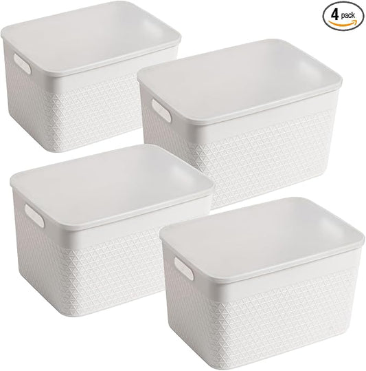 Lidded Storage Bin Organizer | Storage Organizing Container, 16 Liter, Set of 4, Off White by HANAMYA