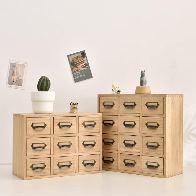 KIRIGEN Wooden Storage Cabinet, 12-Drawer Desktop Organizer Natural 12CG-NA | 12 Mini Drawers with Metal Label Holder Pulls for Cards, Crafts, Tea Bags, Jewelry, Office Supplies, and Small Parts - Image 9