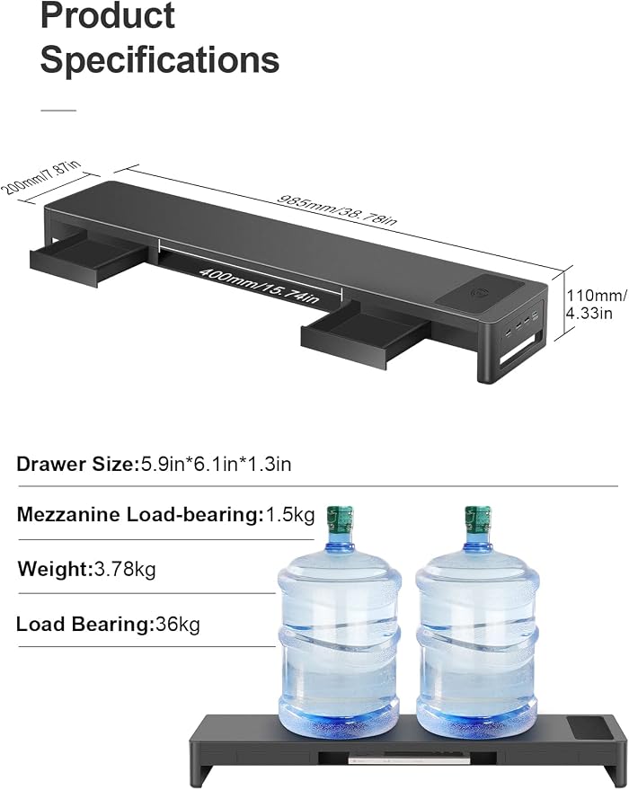 meatanty Dual Monitor Stand Riser with 2 Drawers,4 USB Ports and Charging Pad,Metal Monitor Stand for 2 Monitors Supports Transfer Data and Charging,Desk Organizer for PC,iMac(38.7 inches) - Image 6