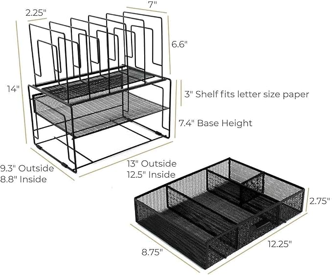 BLU MONACO | Black Wire Mesh Desk Organizer with Drawer | Desk Associates Women Office Set | File Sorters and Mesh Pen Holders Desktop Storage System - Image 6