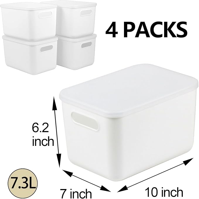 4 Pcs Small Storage Bins with Lids, Stackable Plastic Storage Containers for Organizing, Organizer Bins Shelf Baskets for Pantry Cabinet Shelves Desktop Freezer Drawer Organization (White, 4M) - Image 3