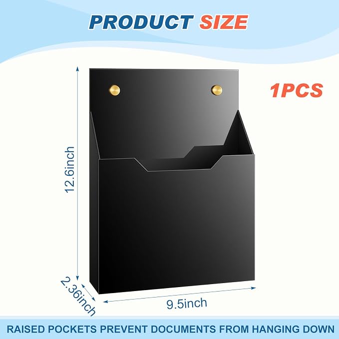 Feifeiya 1 Pack 12.6"x9.5"x2.4" Black Acrylic Wall File Holder Organizer Wall Mount Magazine Document Brochure Mail Pocket Durable File Storage with 3 Colors Screw Cap for Office Home Waiting Room Use - Image 2
