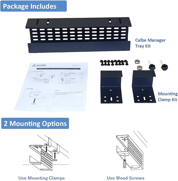 AEONS Under Desk Cable Management Tray Black Horizontal 16-inch Under Desk Removable C Clamp Mount Computer Cord Raceway and Modesty Panel - Image 5