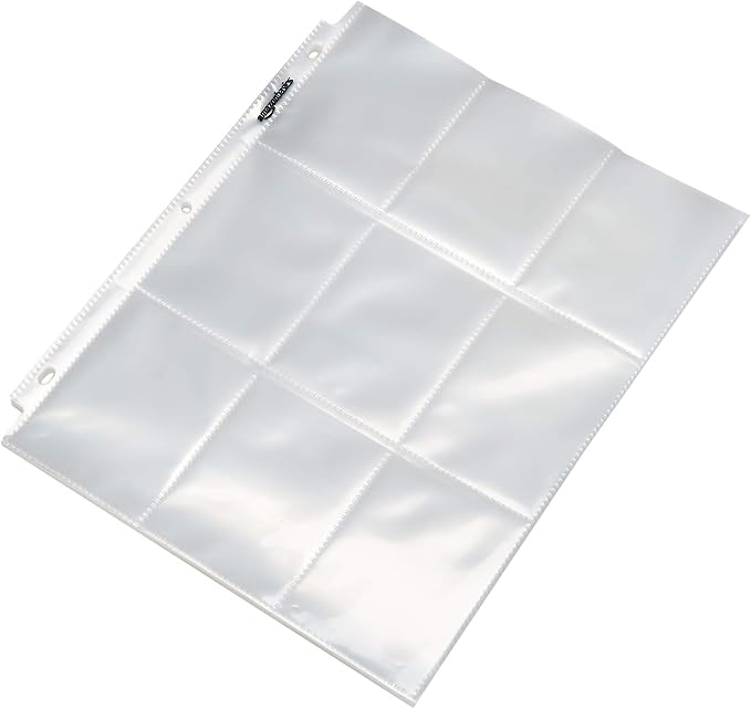 Amazon Basics 9-Sleeve Trading Card Protectors Binder Sheet for Storage and Protection, Top Loading, Transparent, 100-Pack by AmazonBasics