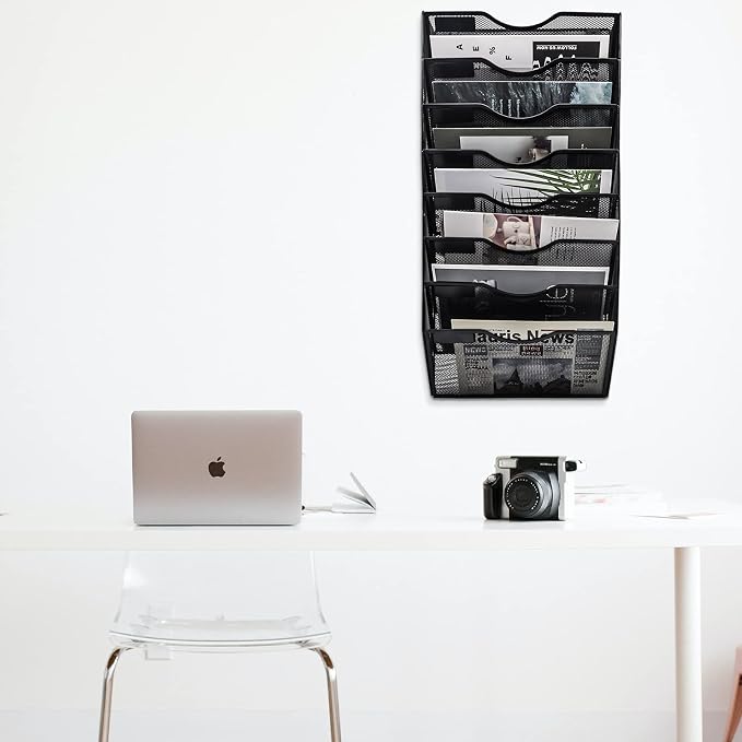 8 Pocket Mesh Hanging Wall File Organizer, Wall Mounted Mail Paper Document Folder Holder, Clipboard Storage Organization Magazine Rack with Nametag Label for Office Home School, Black - Image 5