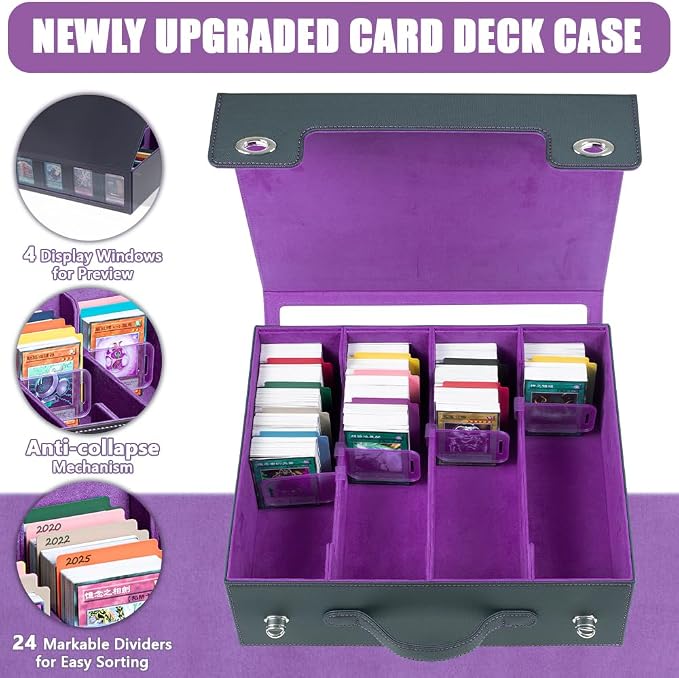 4-Row 3000+ Trading Card Storage Box for MTG, Card Deck Box with Snap-fit Design, 4 Card Sleeves, 8 Stoppers, 24 Dividers (4-Rows Black-Purple) - Image 4