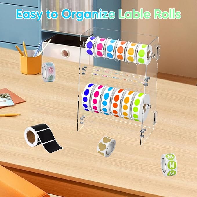 Label Dispenser 12 Disks Acrylic Sticker Dispenser Label Roll Holder(Clear) | Multi-Use Adjustable Double-Layer Sticker Holder Organizer, Stable Desktop Sticker Stand Label Holders for Home Office - Image 6