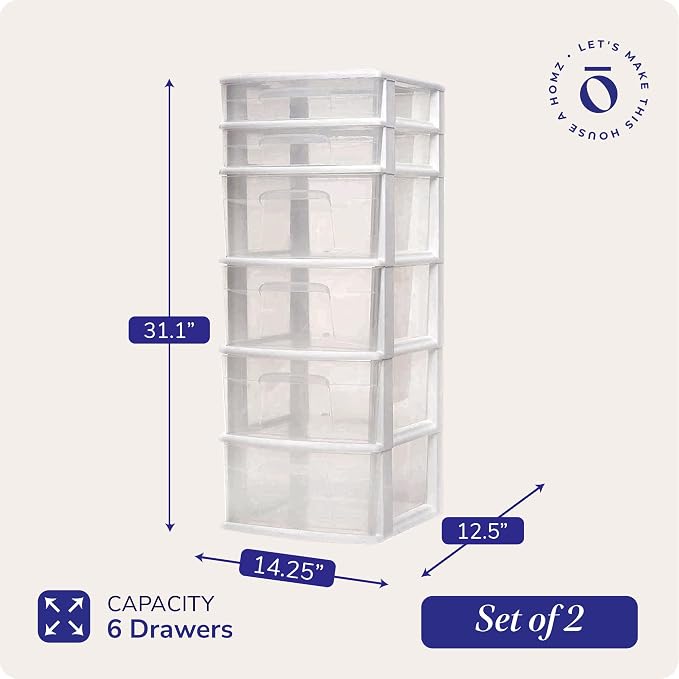 HOMZ 2-Pack Drawer Tower, 6-Tier Clear Plastic Storage Organizer Cart, White Frame - Heavy-Duty Organizing Drawers for Home, Bedroom, and Closet Organization - Image 3