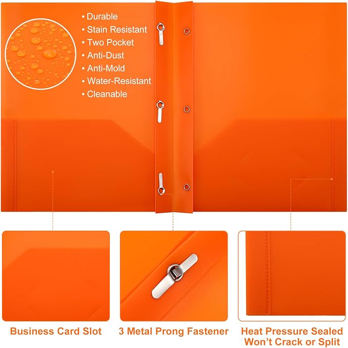 Cholemy 168 Packs Pocket Folders with Prongs Heavy Duty Plastic Folder with Business Card Slot 3 Prong Fasteners for School Office (Orange) - Image 3