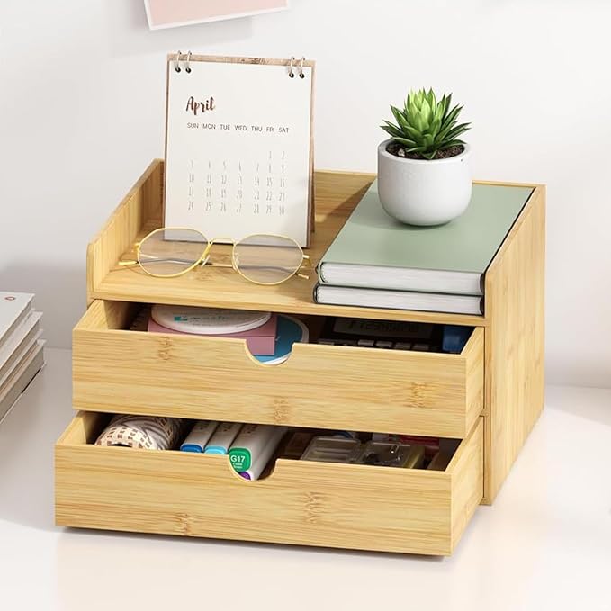 Bamboo Desk Organizer with Drawers, Desktop Storage Box for Office Supplies | 2 Drawers Desktop organizer, No Assembly Required, Natural Wood Wooden Desktop Drawers for Bills, Cosmetics, Seals, Paper - Image 7