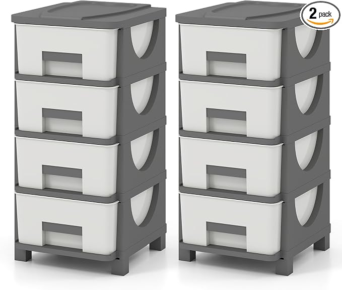 Giantex 2 Pack 4-Drawer Storage Organizer, Plastic Storage Tower with Drawers, Multi-Purpose Container Box for Office, Bathroom Living Room, White+Grey by Giantex